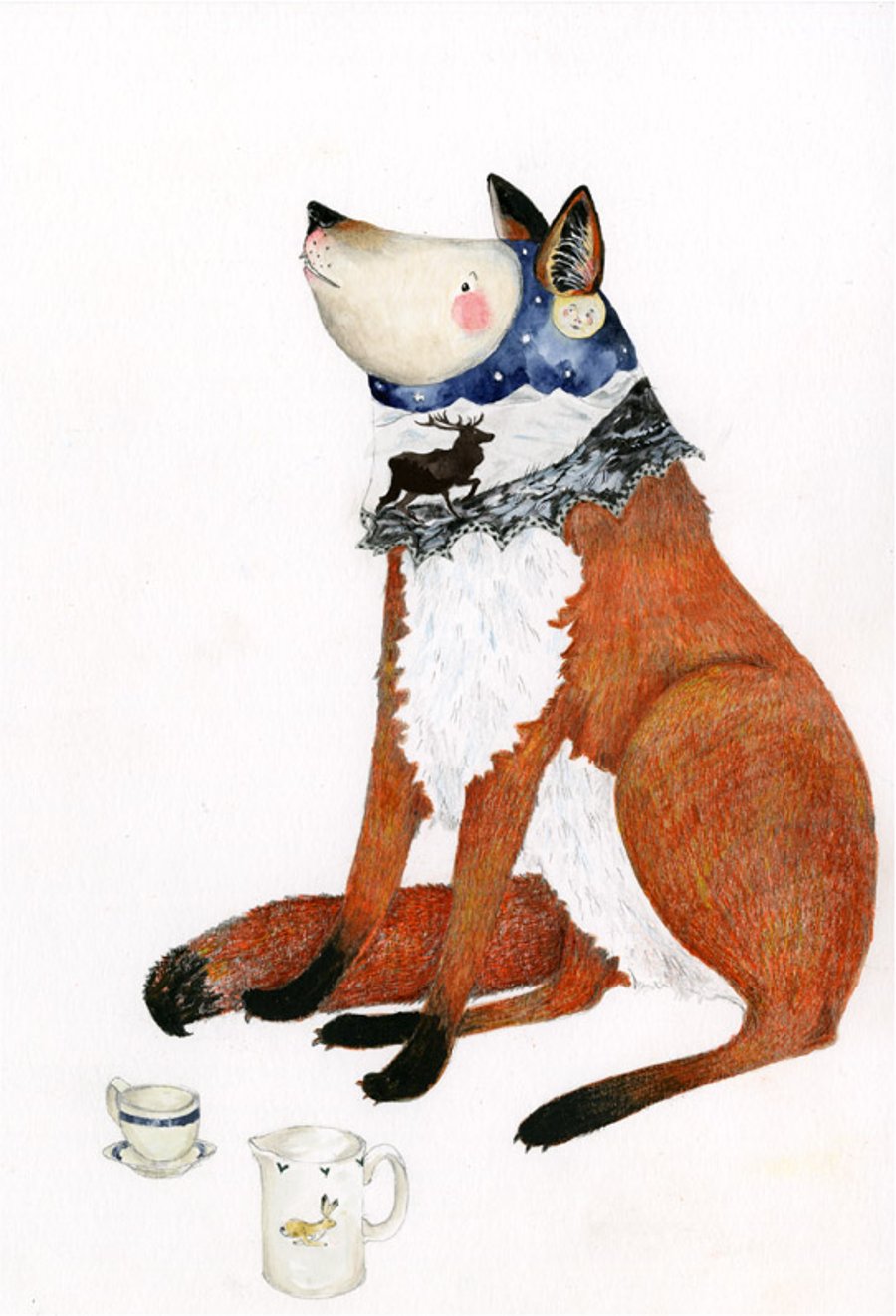 Fox in a Deer Hood Watercolour and pencil fox painting