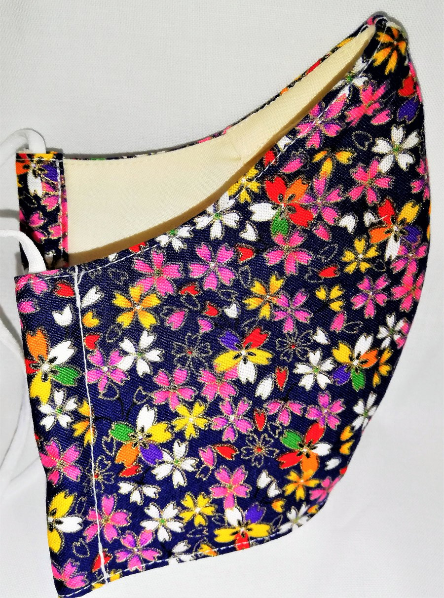 Face mask reusable triple layer 100% cotton Japanese flower print hand made