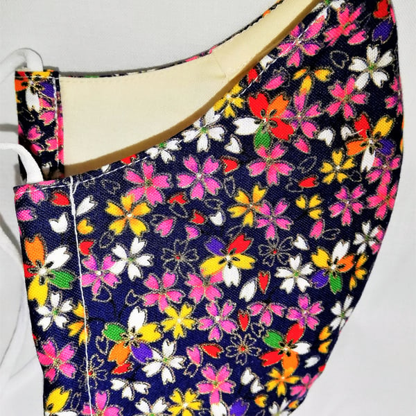 Face mask reusable triple layer 100% cotton Japanese flower print hand made