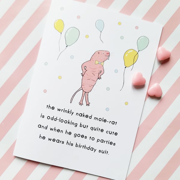 naked mole rat birthday greetings card, funny birthday card, animal lover