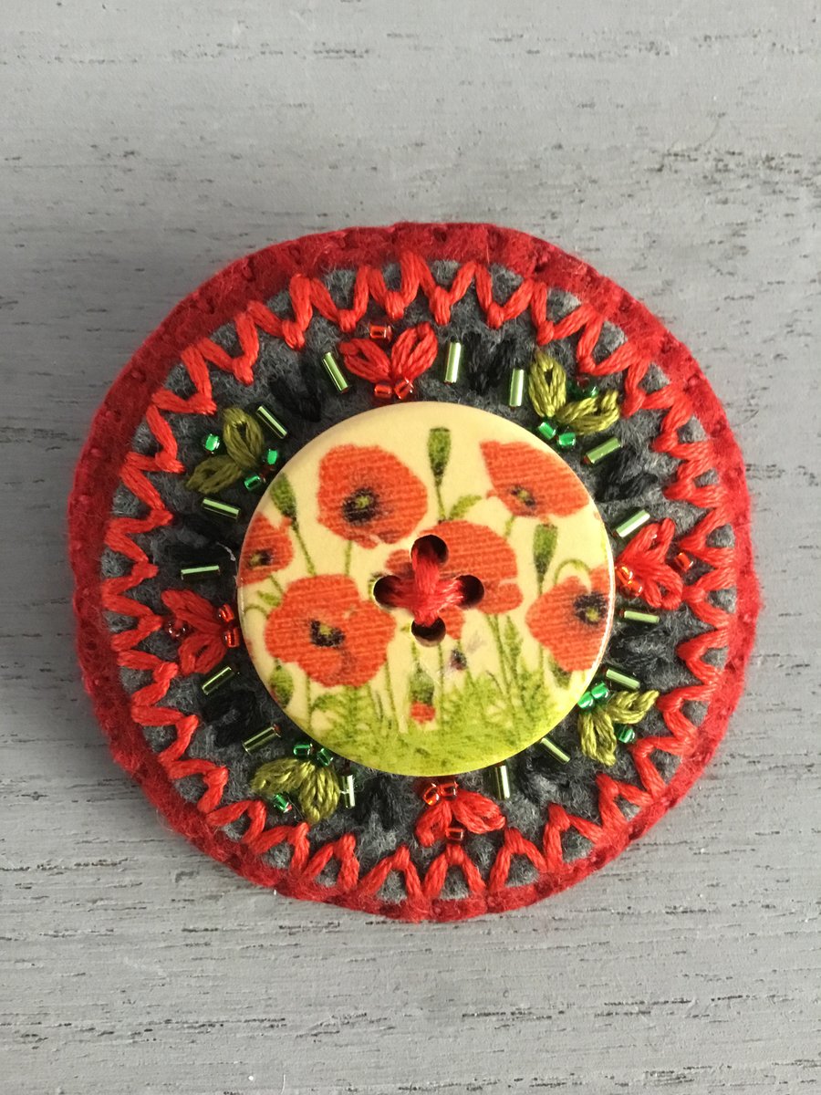 Hand Embroidered Poppy Brooch 