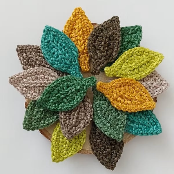 Crochet Leaf Appliqués - Multiple Shades of Green - Cotton Leaves for Crafts