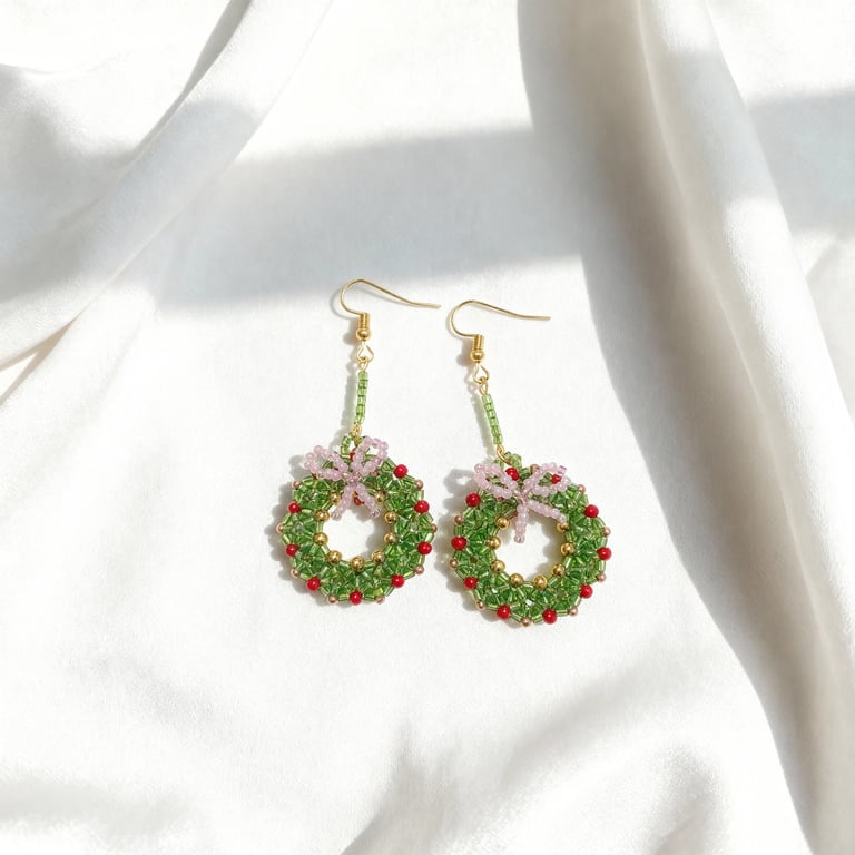 Handmade Festive Beaded Wreath Earrings with Bow & Flower Details