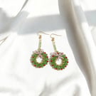 Handmade Festive Beaded Wreath Earrings with Bow & Flower Details