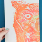 Neon Orange Screech Owl - A4 original lino print