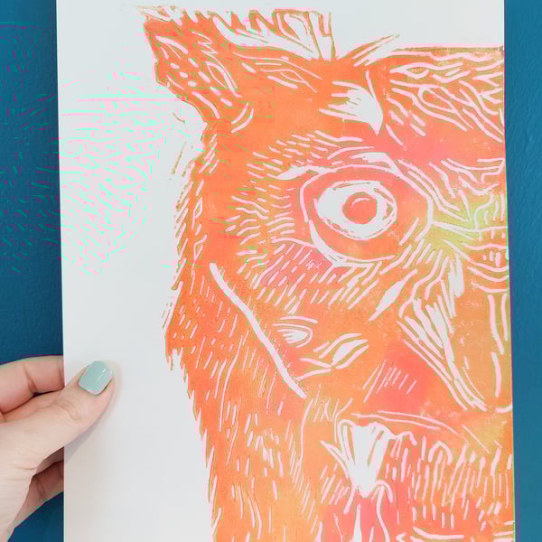 Neon Orange Screech Owl - A4 original lino print