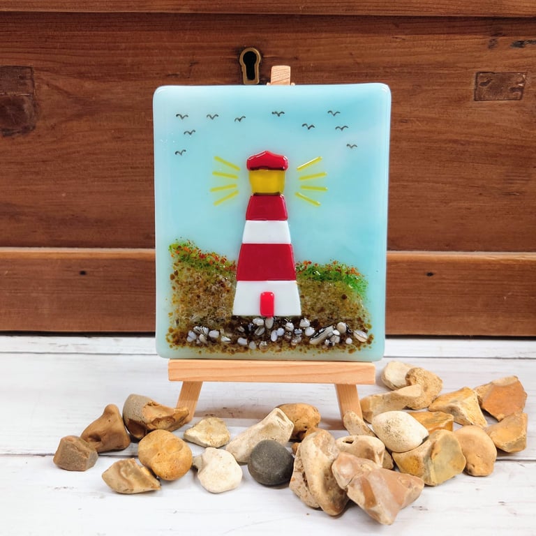 Handcrafted Fused Glass Lighthouse Picture Tile – Free Standing Coastal Scene 