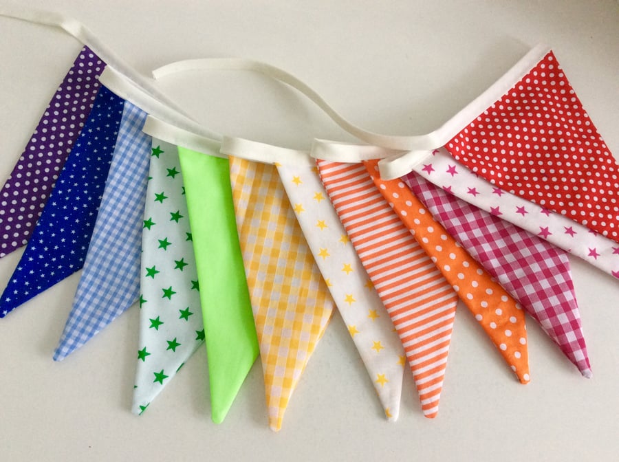 Bright rainbow Bunting - 12 flags 8ft with ties, mixed patterns