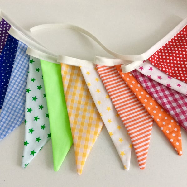 Bright rainbow Bunting - 12 flags 8ft with ties, mixed patterns