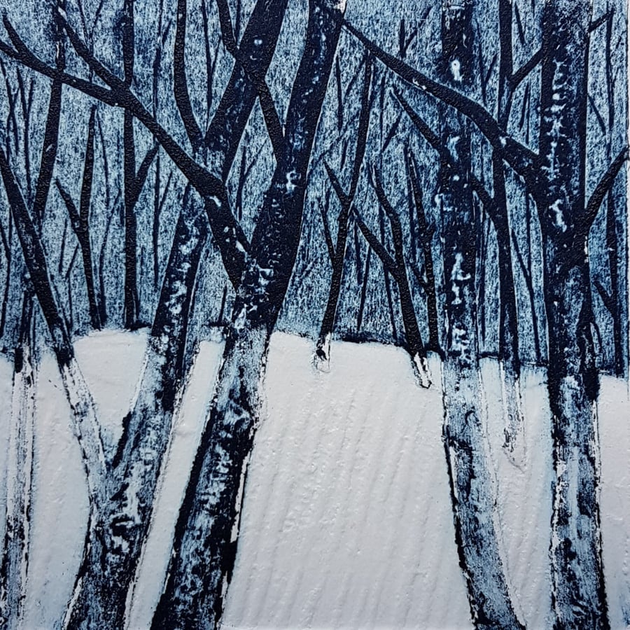 Collagraph Print With Emboss - Winter Woods - A limited edition print