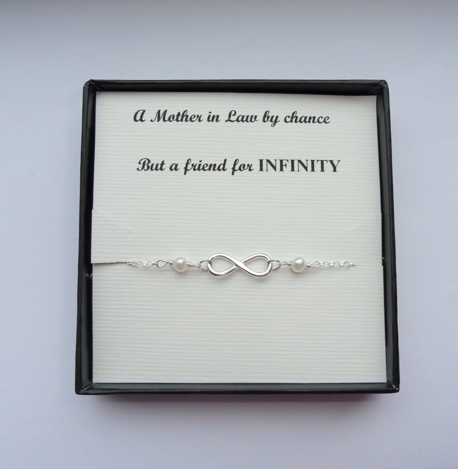 Mother in Law gift, Sterling silver infinity freshwater pearl bracelet
