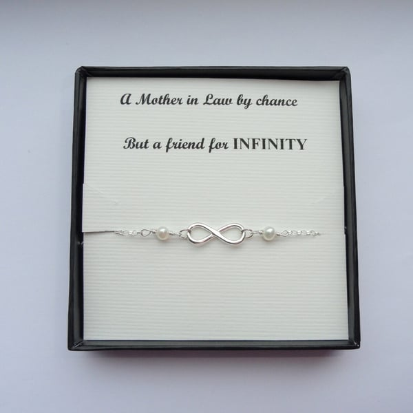 Mother in Law gift, Sterling silver infinity freshwater pearl bracelet