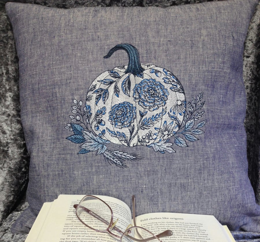 French Pumpkin Blue Denim Cushion