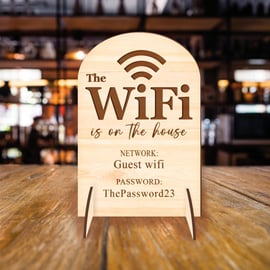 Personalised WiFi Sign Wooden WiFi Plaque & Stand, For Home, Air BNB Host, Pub