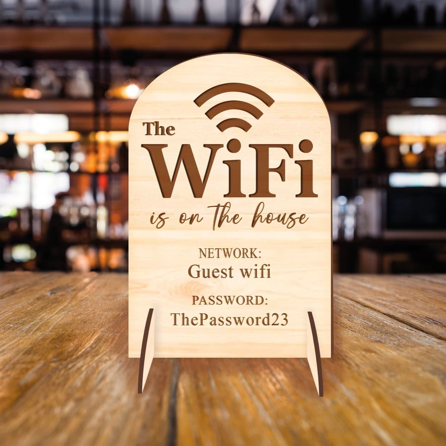 Personalised WiFi Sign Wooden WiFi Plaque & Stand, For Home, Air BNB Host, Pub