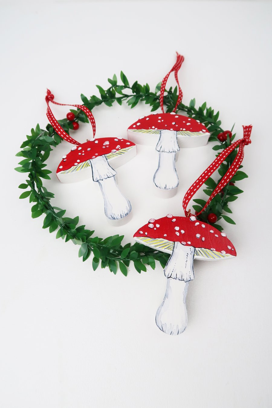Mushroom hanging ornament, toadstool decoration, set of 3