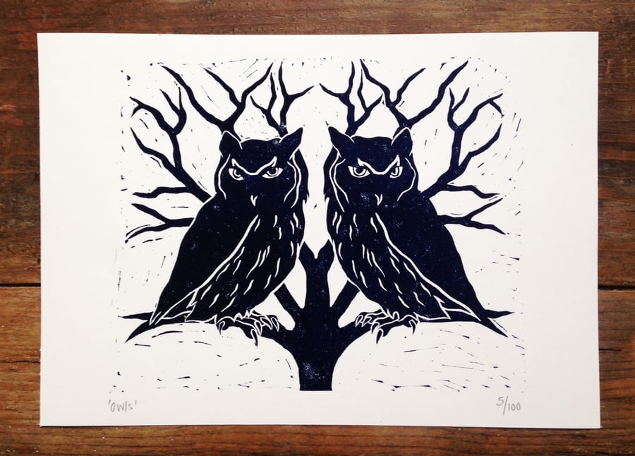 Owl Lino print, linocut, owl artwork, blue, gift idea, lino cut, letterpress
