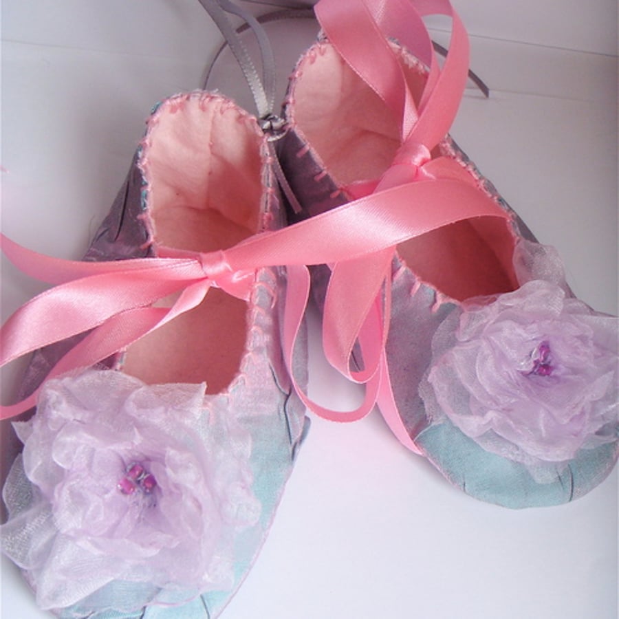 Pink and Purple Crushed Satin & Felt Baby Shoes/Booties