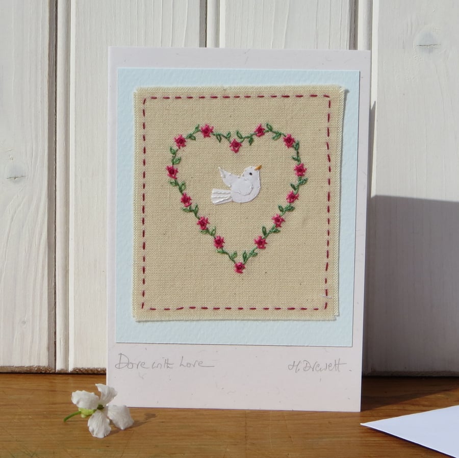 Dove with Love, hand-stitched, special little card to keep, for any occasion