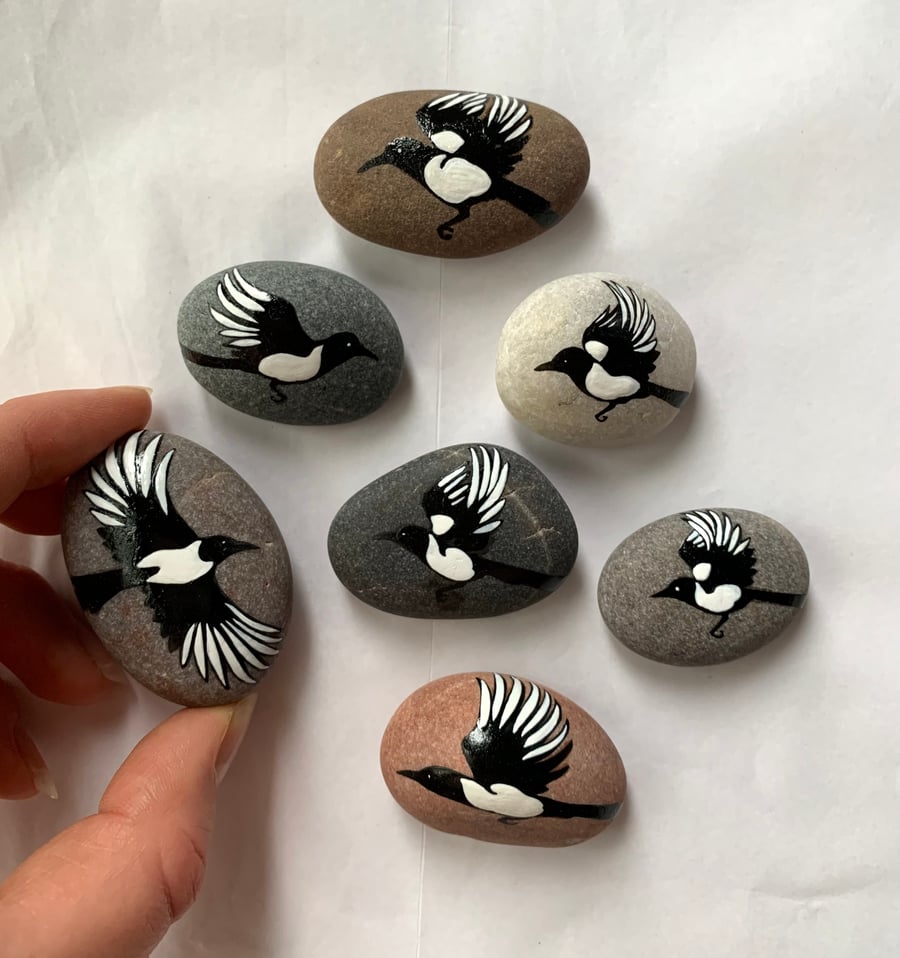 Seven Secret Magpies Story Stones Set of 7 - Handmade Nature Inspired Bird Art