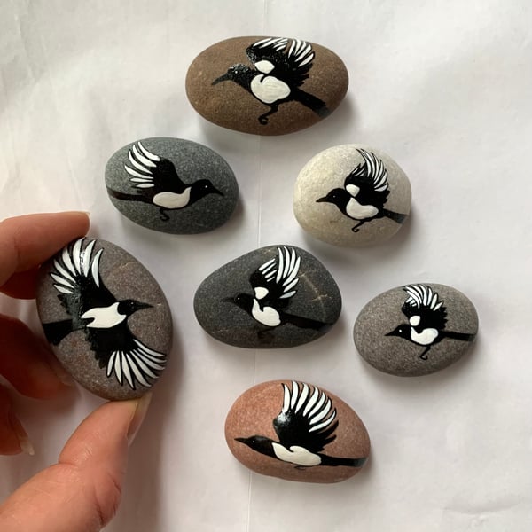 Seven Secret Magpies Story Stones Set of 7 - Handmade Nature Inspired Bird Art
