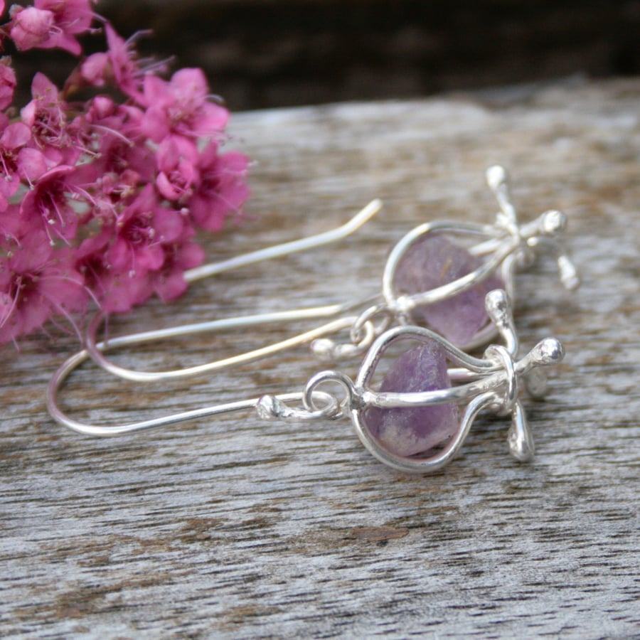 Amethyst earrings, raw gemstone earrings, February birthstone earrings
