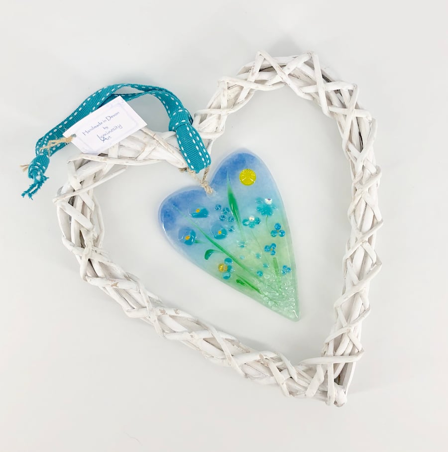 Fused Glass Heart with Turquoise Flowers in Wicker Hanging Heart on Ribbon
