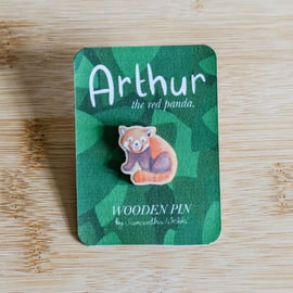 Arthur the red panda, Illustrated Wooden Pin badge 