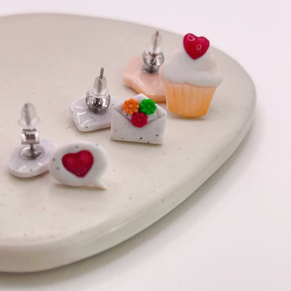Valentine mix stud earrings for her, cupcake, mini letter and heart set jewelry 