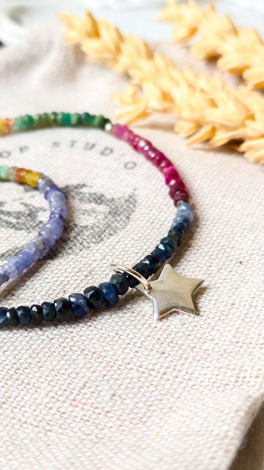 Rainbow Sapphire Gemstone Necklace - Sterling Silver Celestial Star Necklace