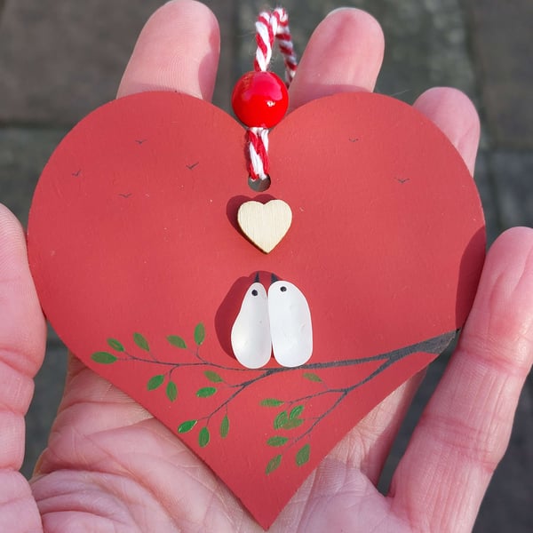 Sea Glass Lovebirds Heart, Handmade Wedding & Engagement Keepsake, Romantic Gift