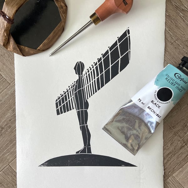 The Angel of the North - original hand burnished lino print