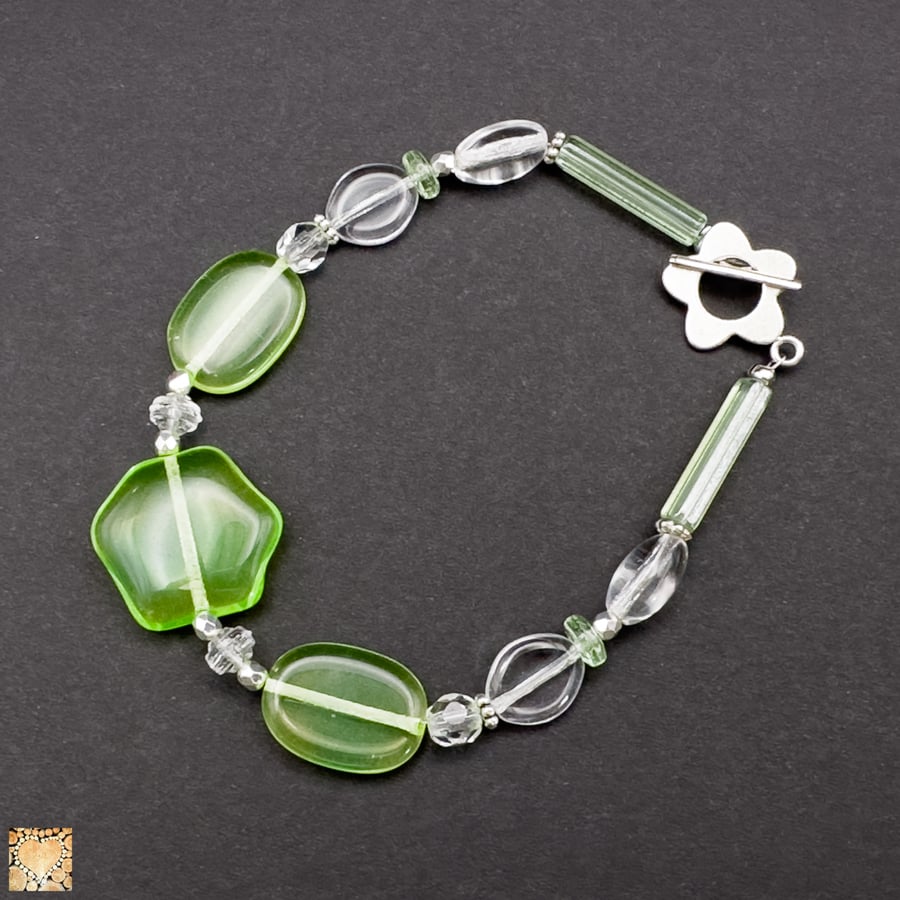 Glass Flower Bead Bracelet with Silver Flower Toggle