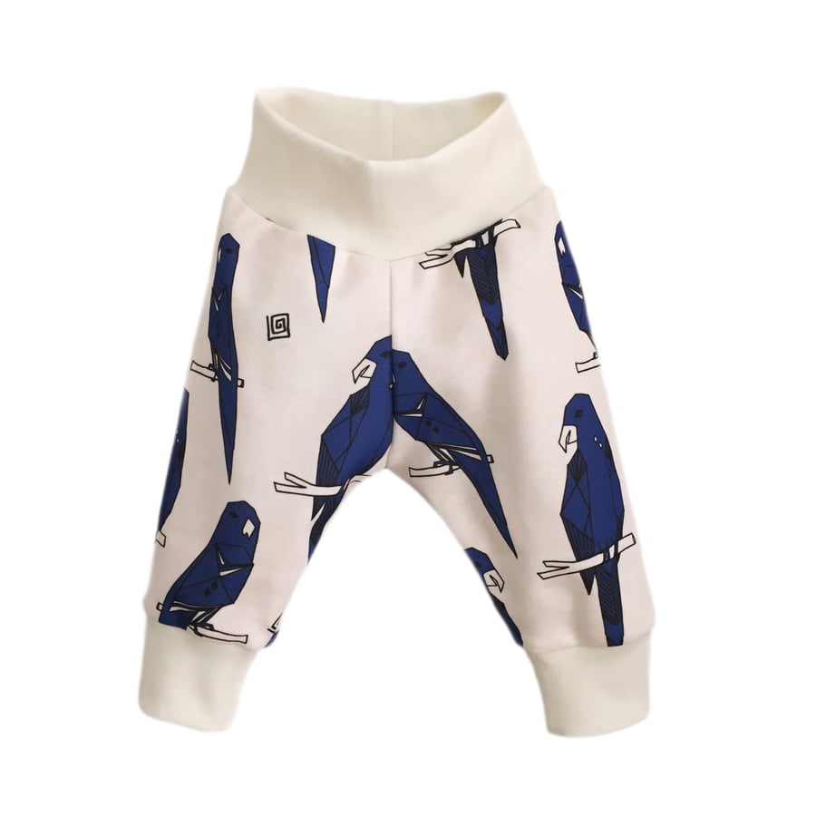 baby trousers, Organic cuff pants in BLUE PARROTS print, relaxed trousers
