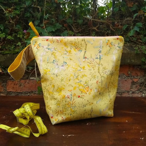 Yellow sprig design, herringbone tweed and wool felt, project bag