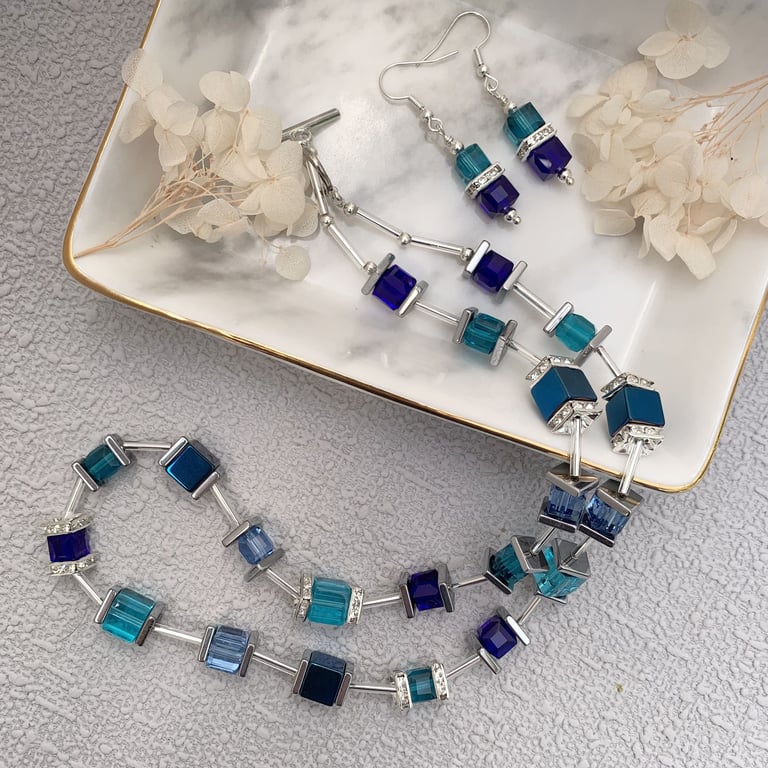 Blue Glass Cube Bead Necklace and Earrings Set