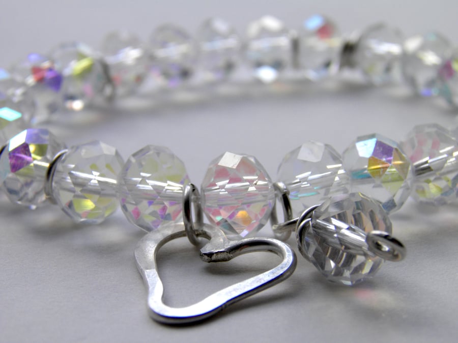 Crystal Clear Bead Bracelet AB with Sterling Silver Heart