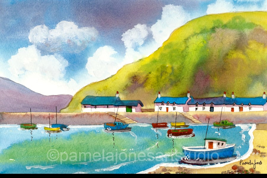 Watercolour Print, Lower Fishguard Harbour, Pembrokeshire, In 8 x 6 '' Mount