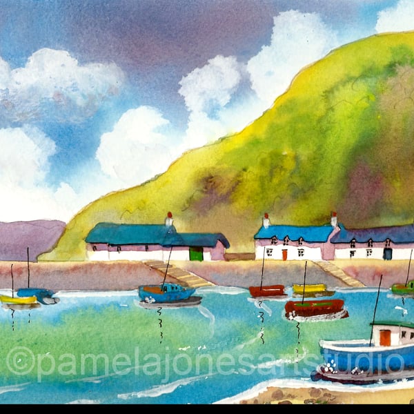 Watercolour Print, Lower Fishguard Harbour, Pembrokeshire, In 8 x 6 '' Mount