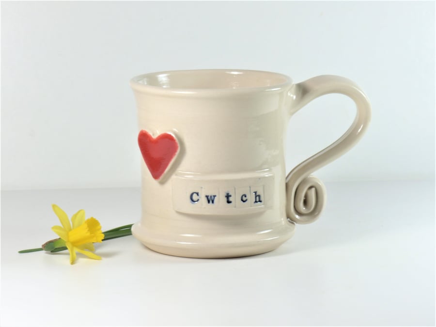Cwtch  -  White Cream Mug,  Ceramic Pottery Handmade Stoneware Coffee Tea