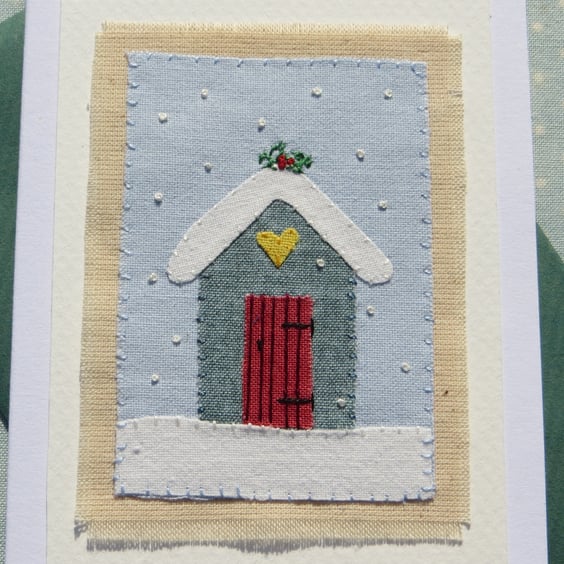 Little Shed in Snow, hand-stitched textile hand-dyed fabrics and fine embroidery