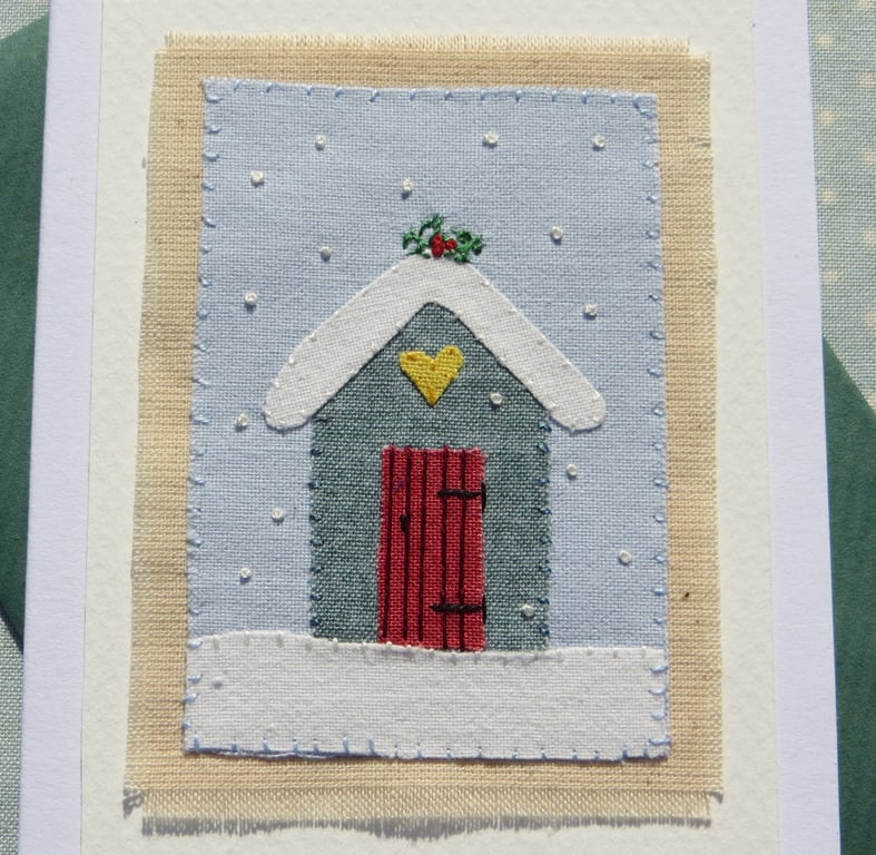 Little Shed in Snow, hand-stitched textile hand-dyed fabrics and fine embroidery