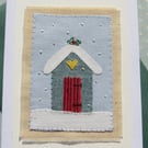 Little Shed in Snow, hand-stitched textile hand-dyed fabrics and fine embroidery