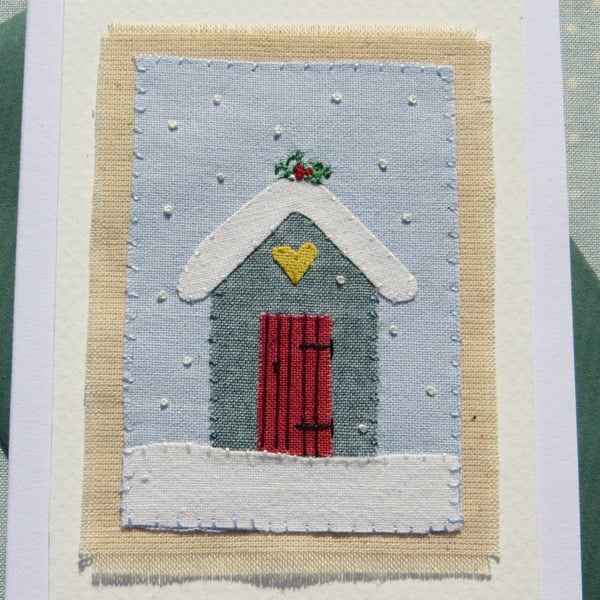 Little Shed in Snow, hand-stitched textile hand-dyed fabrics and fine embroidery