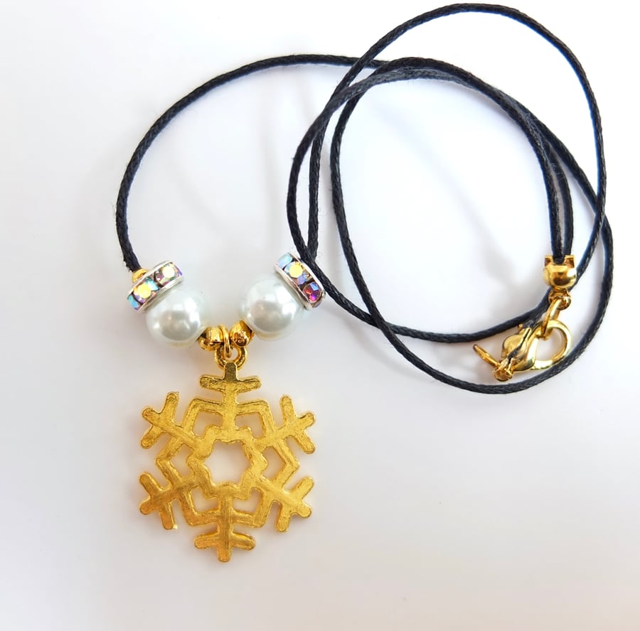 Golden Snowflake Charm, Glass pearl And Rhinestone Christmas Pendant