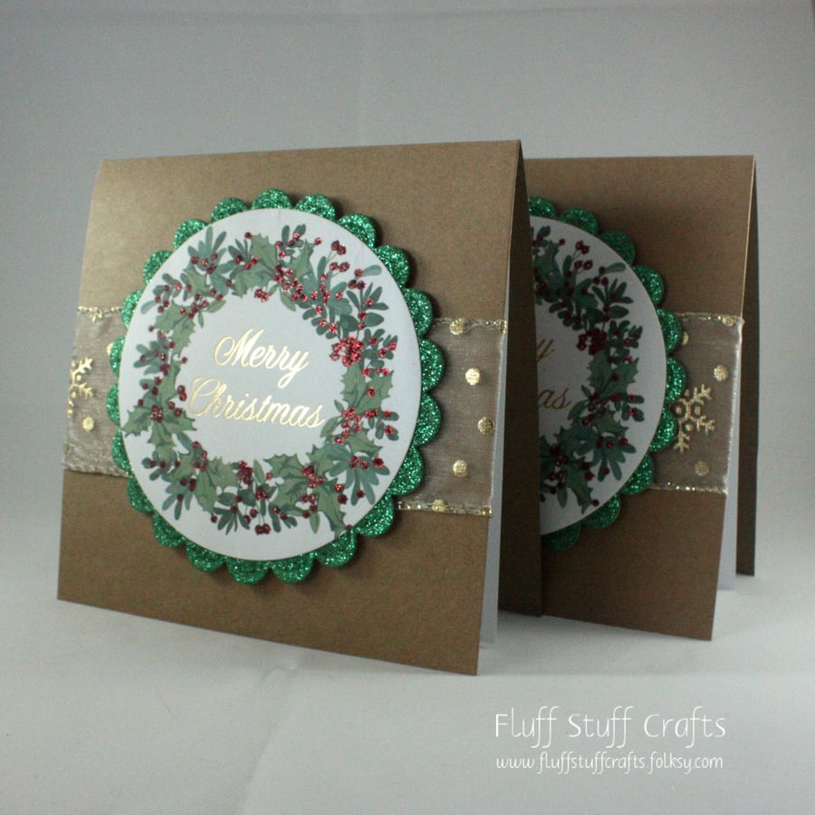 Handmade, upcycled Christmas cards - Christmas wreath - pack of 2 