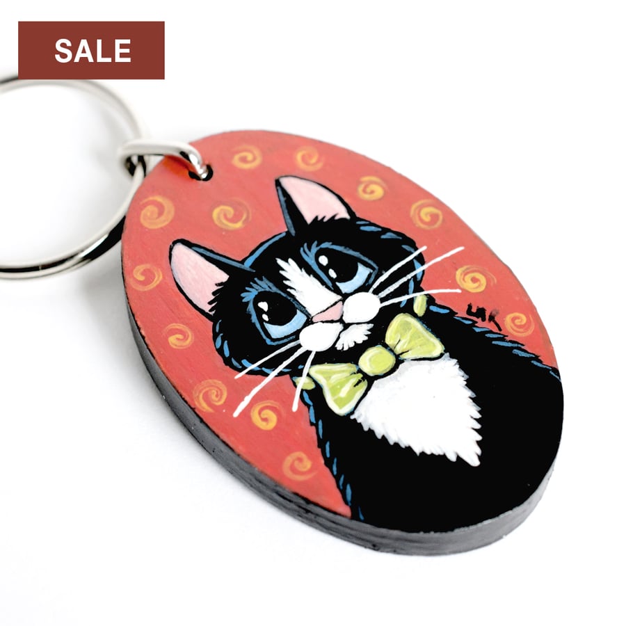 SALE - Dapper Cat in a Bow Tie - Handpainted Wooden Keyring