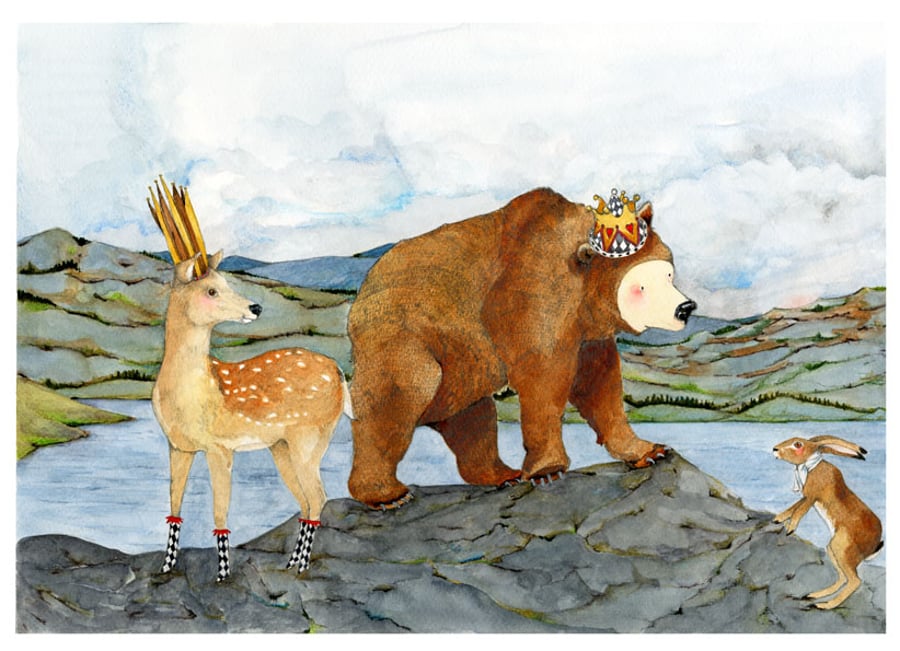 King Bear and Queen Deer with Hare A4 Giclee print