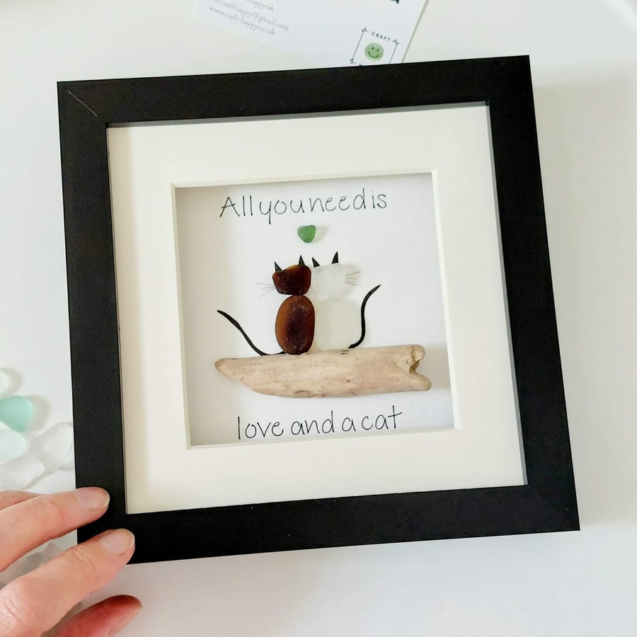 Cat Lover Gift - Sea Glass Cats Art - Framed Pebble Picture for Animal Lovers