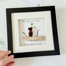 Cat Lover Gift - Sea Glass Cats Art - Framed Pebble Picture for Animal Lovers